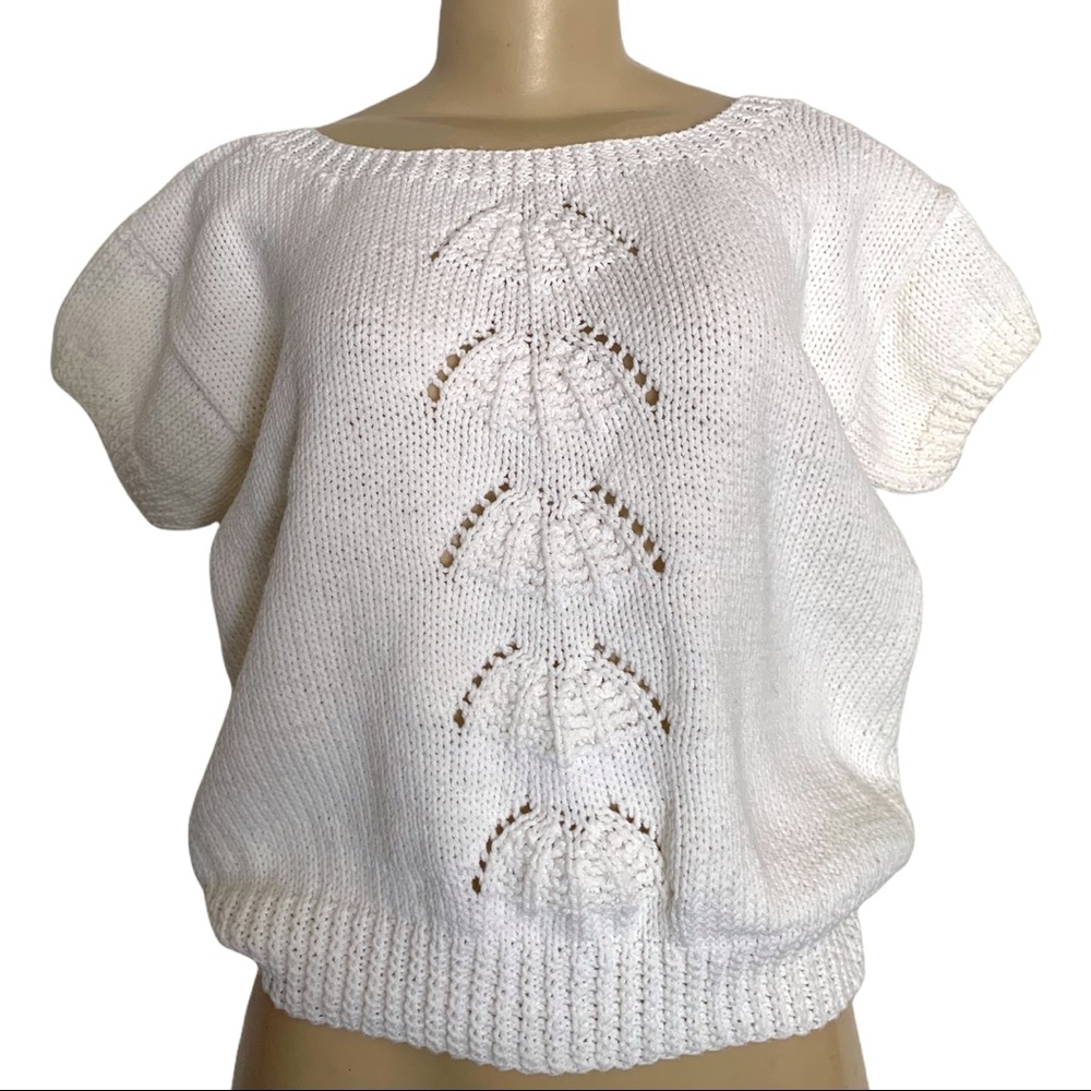 Hand-knit Cropped White Scoop Wide Neck Sweater Puff Sleeved Top